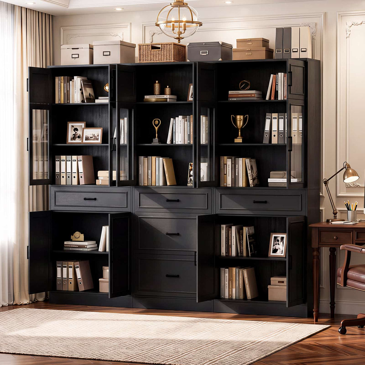 80" Tall Wide Bookshelf W/ 5 Storage Drawers & Doors