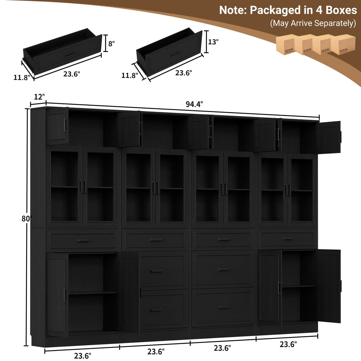 80" Tall Modular Kitchen Pantry Cabinet with Glass Door and Drawers