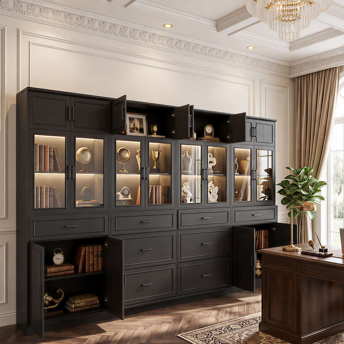 80" Tall Large Bookcase W/ 8 Storage Drawers & Doors