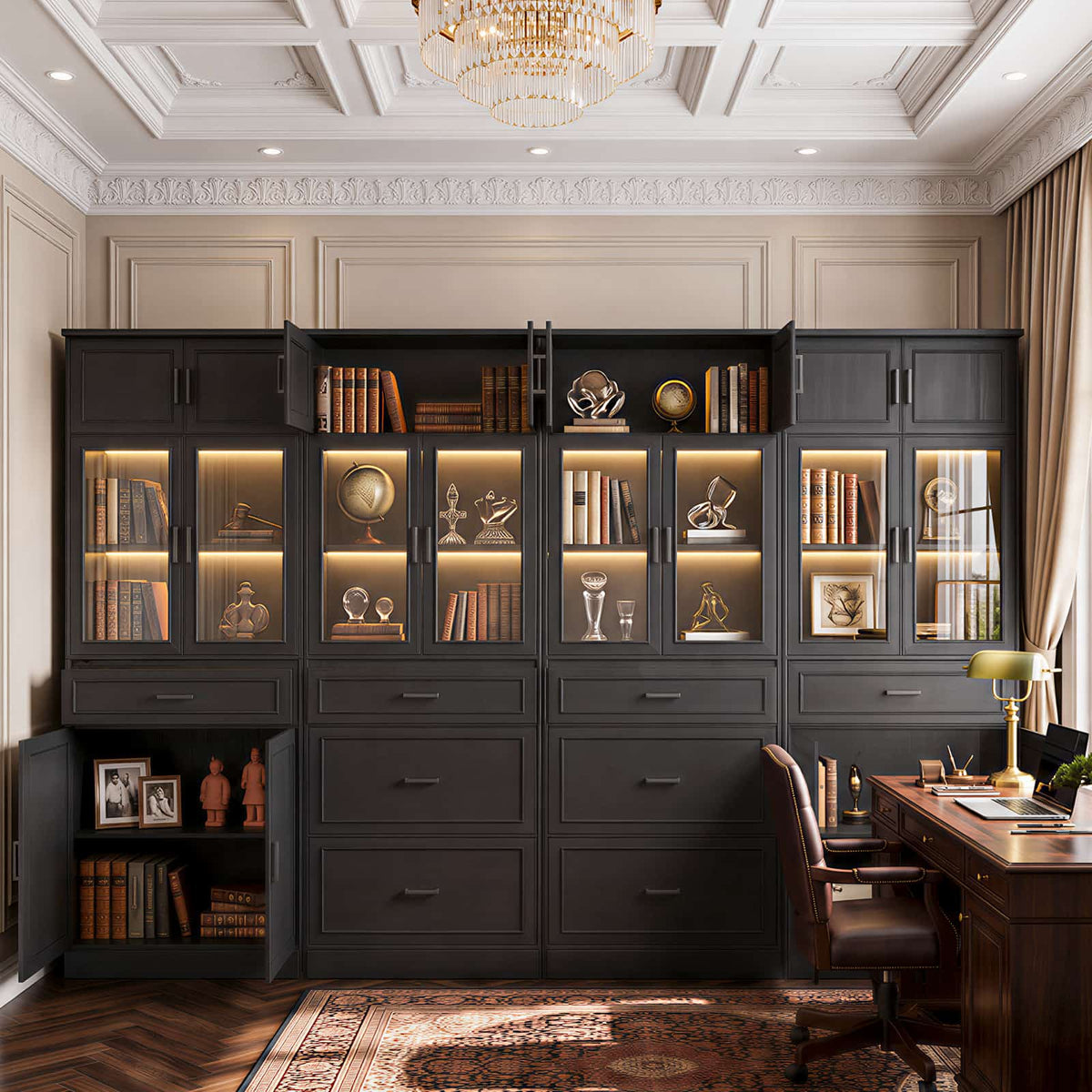 80" Tall Large Bookcase W/ 8 Storage Drawers & Doors