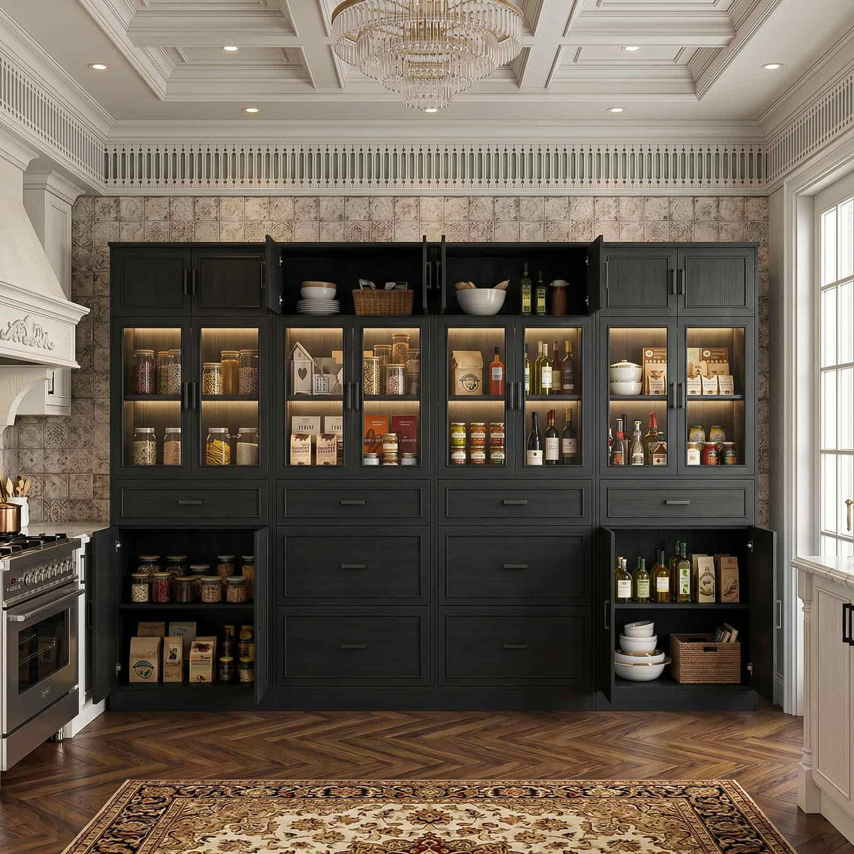 80" Tall Modular Kitchen Pantry Cabinet with Glass Door and Drawers