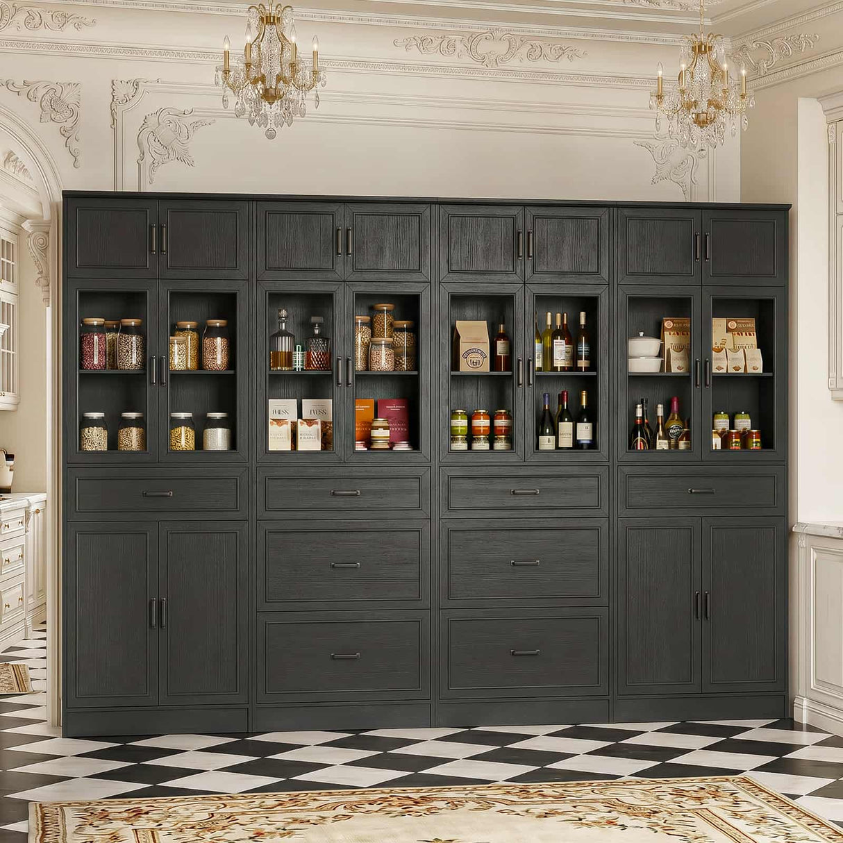80" Tall Modular Kitchen Pantry Cabinet with Glass Door and Drawers
