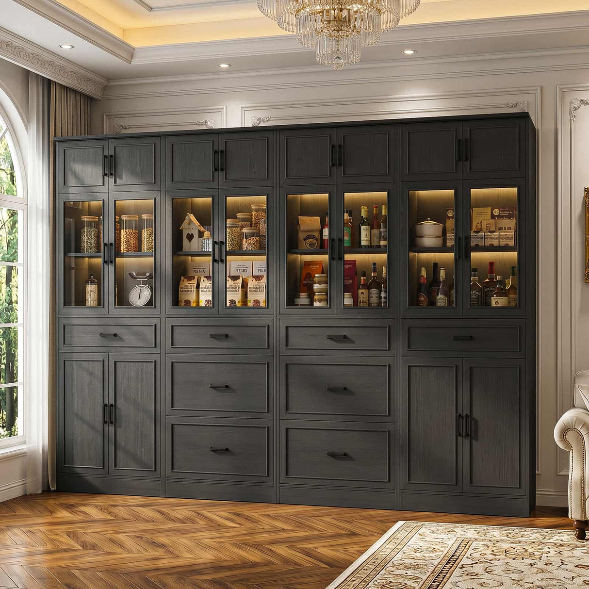 80" Tall Modular Kitchen Pantry Cabinet with Glass Door and Drawers