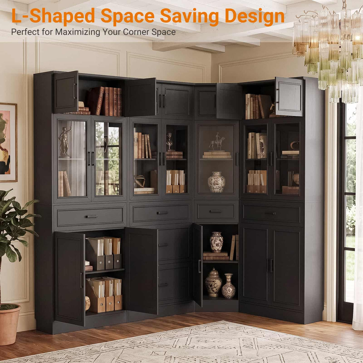 Corner Bookcase, 80" Tall Corner Bookshelf with Door and 6 Drawers