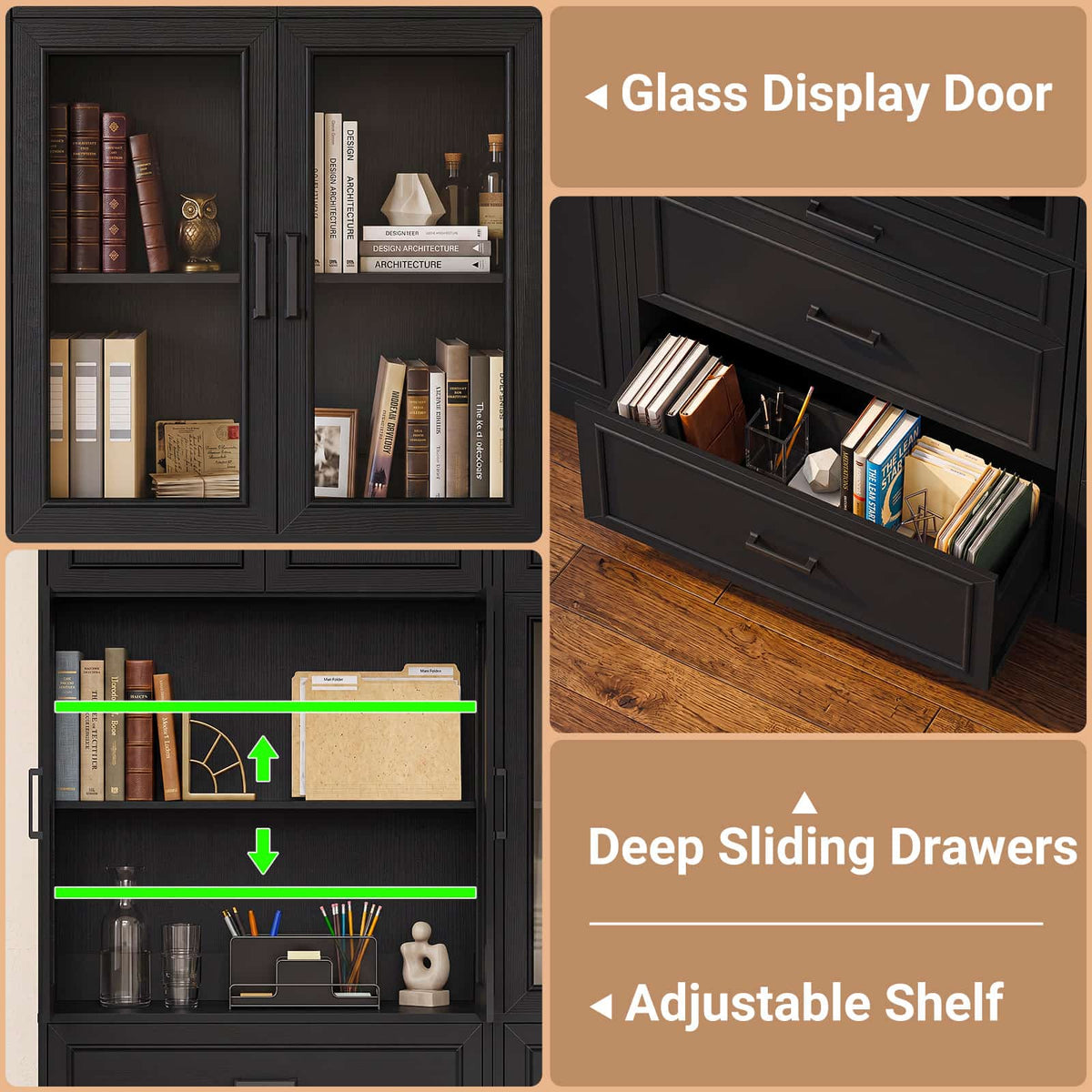 Corner Bookcase, 80" Tall Corner Bookshelf with Door and 6 Drawers
