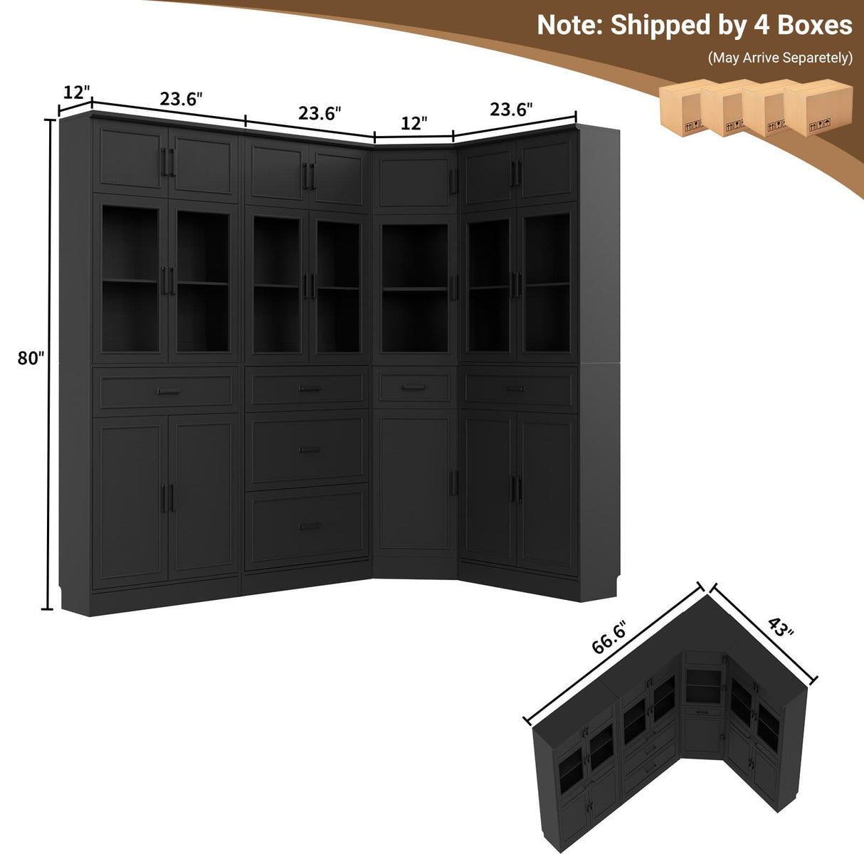 80" Tall Corner Cabinet with Glass Doors and Adjustable Shelves