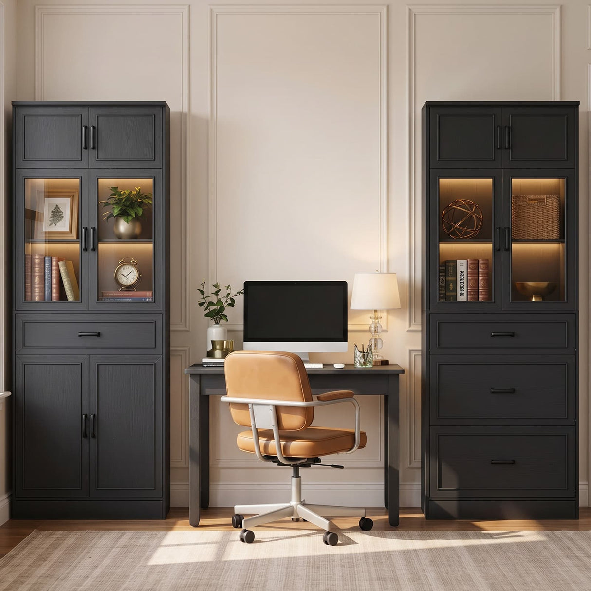 80" Kitchen Pantry Storage Cabinet with Glass Door and 4 Drawers