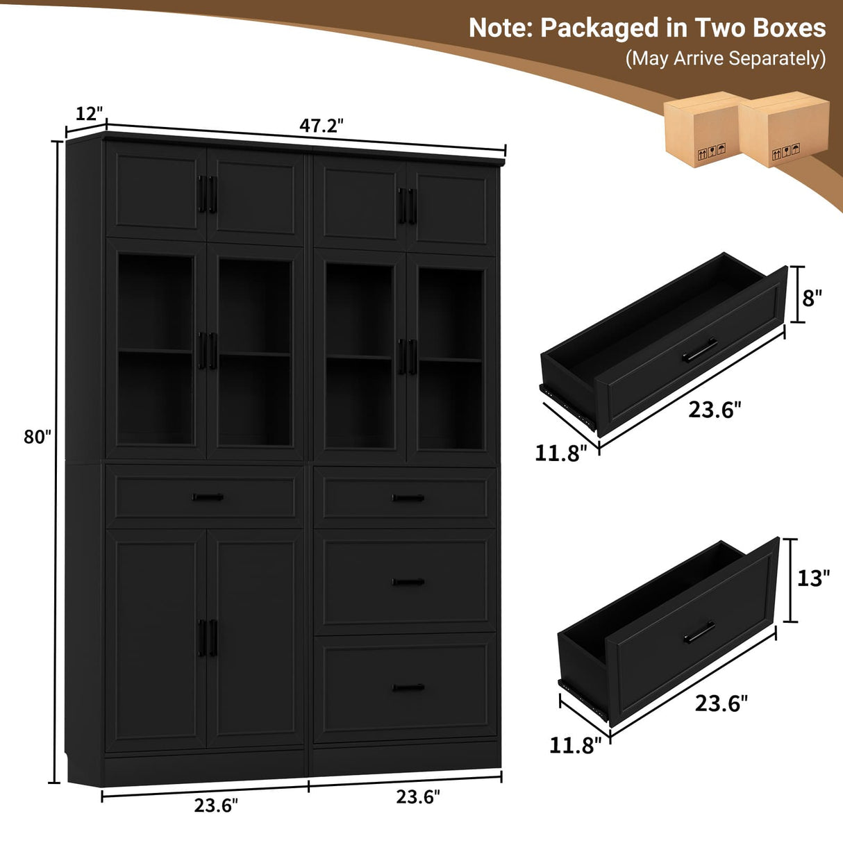 80" Kitchen Pantry Storage Cabinet with Glass Door and 4 Drawers
