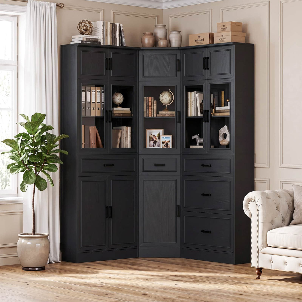 Corner Bookshelf, 80" Tall Corner Bookcase with Door and 5 Drawers