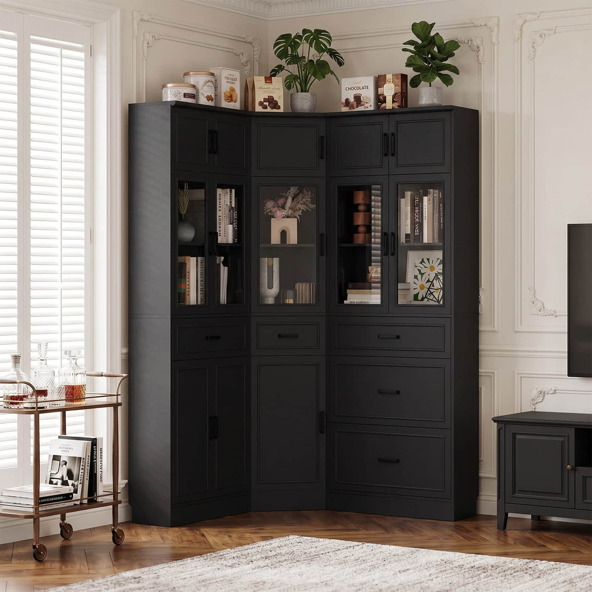 Corner Bookshelf, 80" Tall Corner Bookcase with Door and 5 Drawers