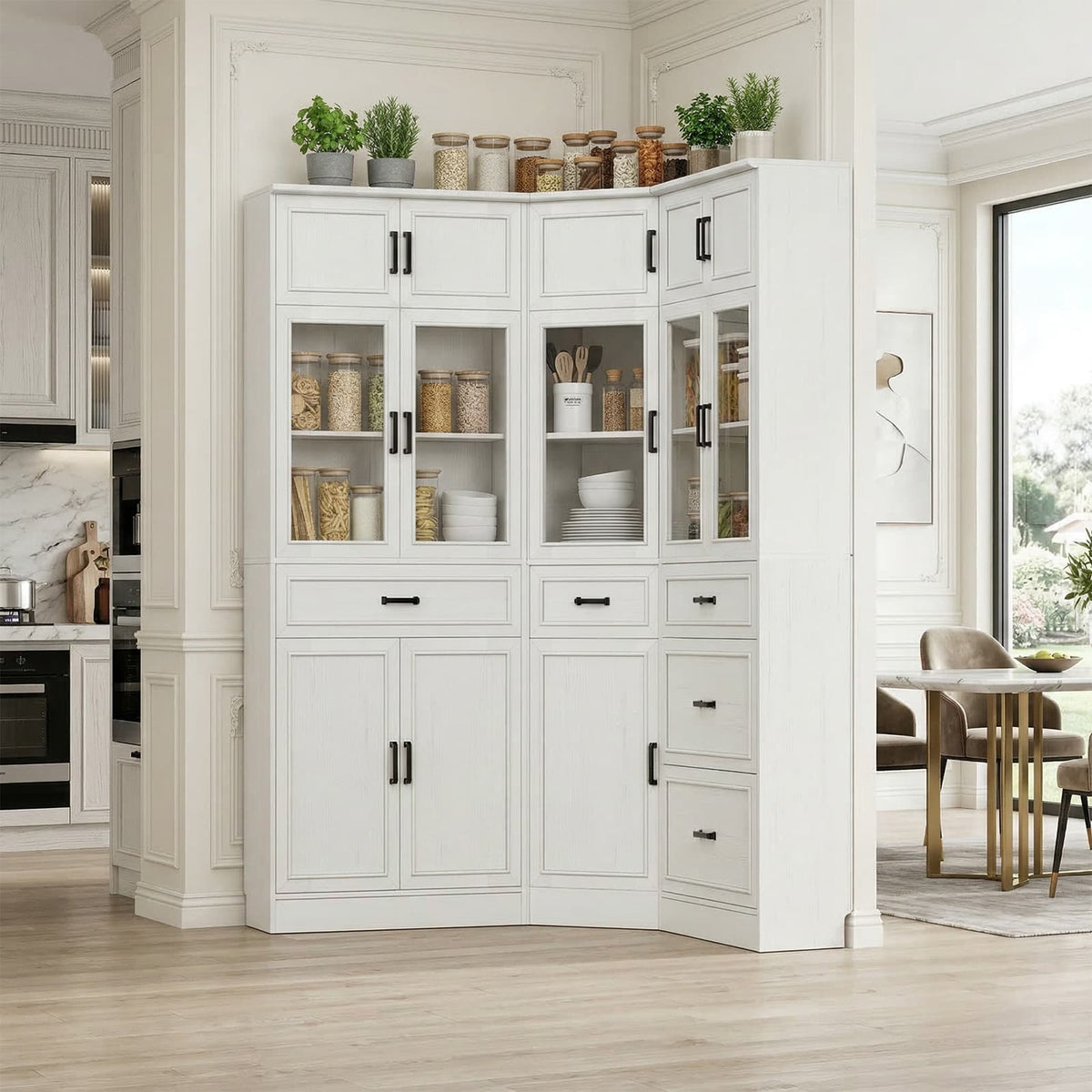 Corner Bookshelf, 80" Tall Corner Bookcase with Door and 5 Drawers