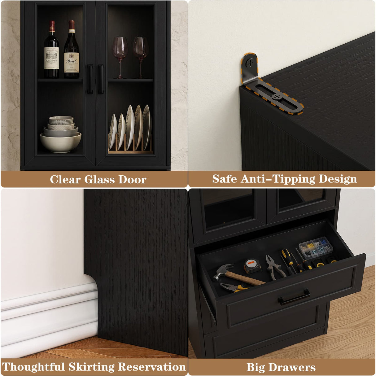 80" Kitchen Pantry Cabinet with Glass Door and 3 Drawer Organizers