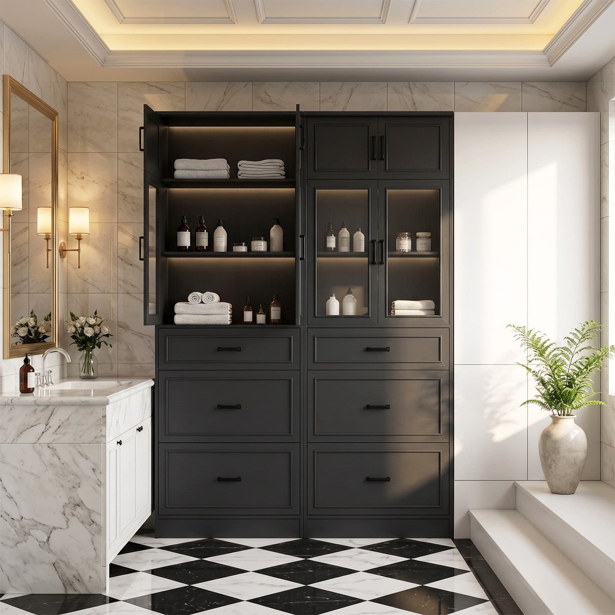 80" Kitchen Pantry Cabinet with Glass Door and 3 Drawer Organizers