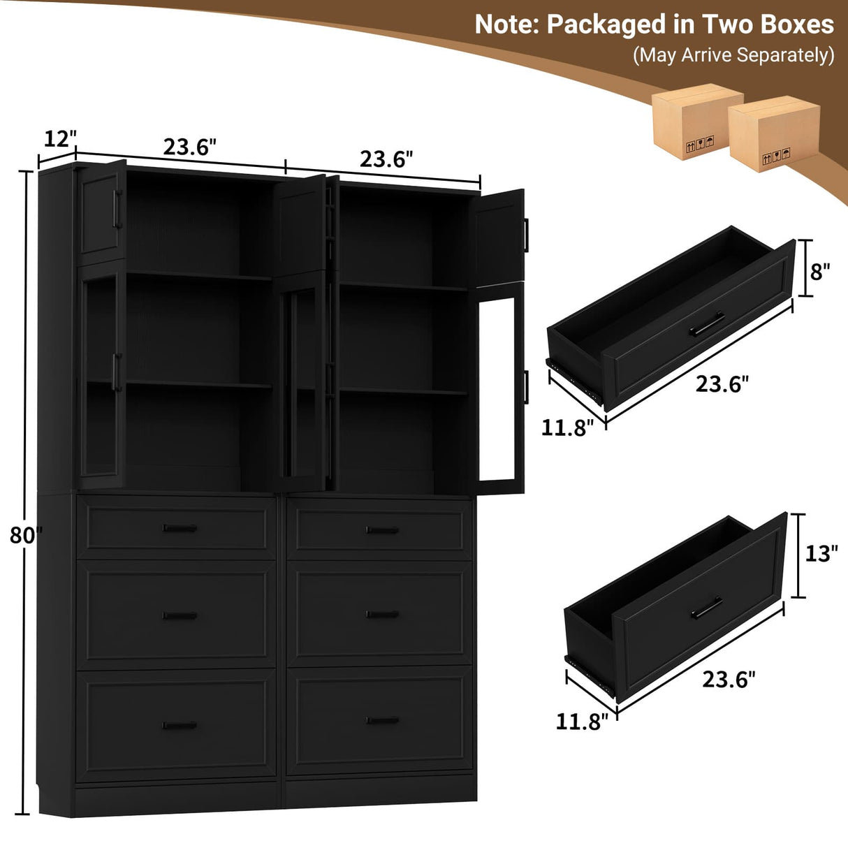 80" Kitchen Pantry Cabinet with Glass Door and 3 Drawer Organizers