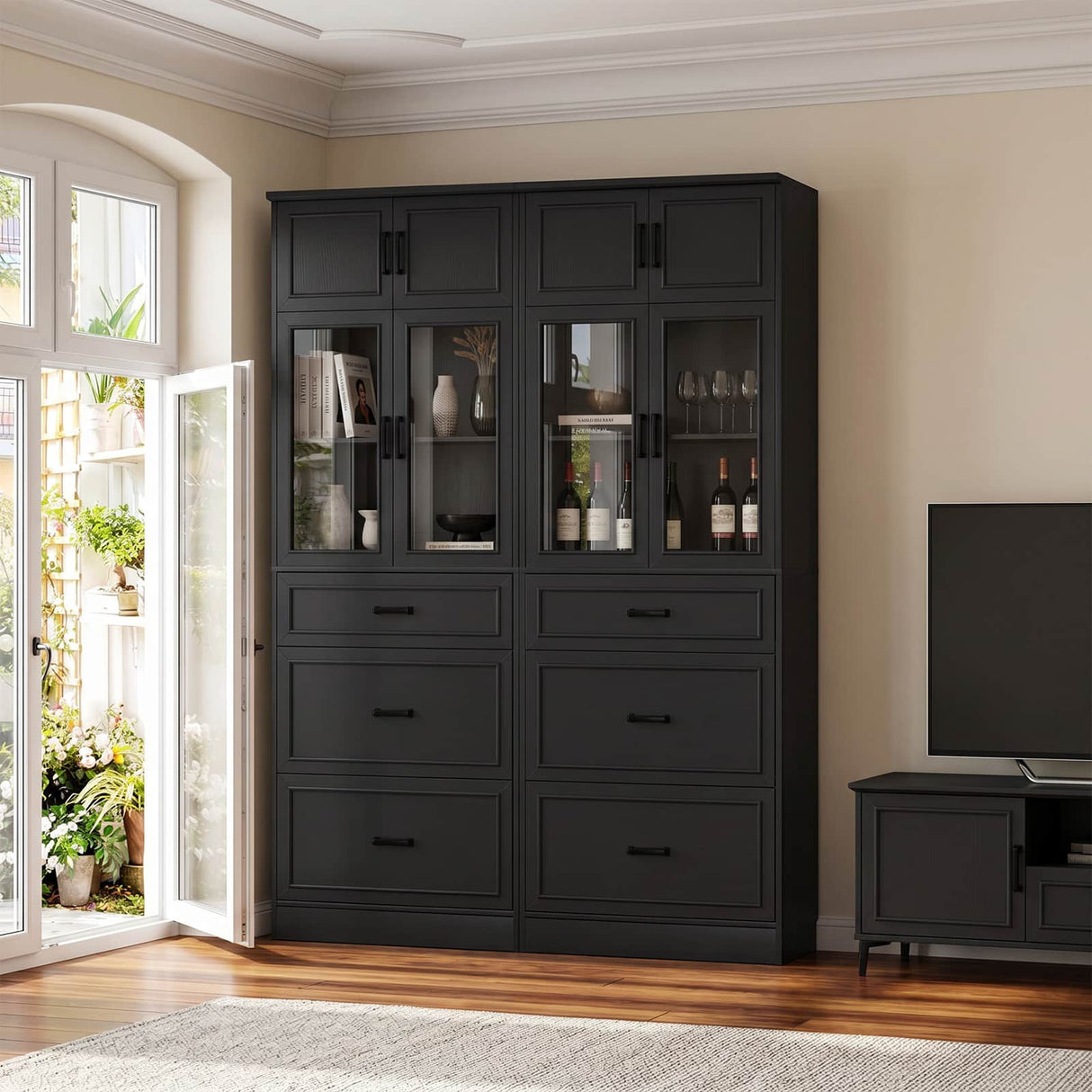 80" Kitchen Pantry Cabinet with Glass Door and 3 Drawer Organizers