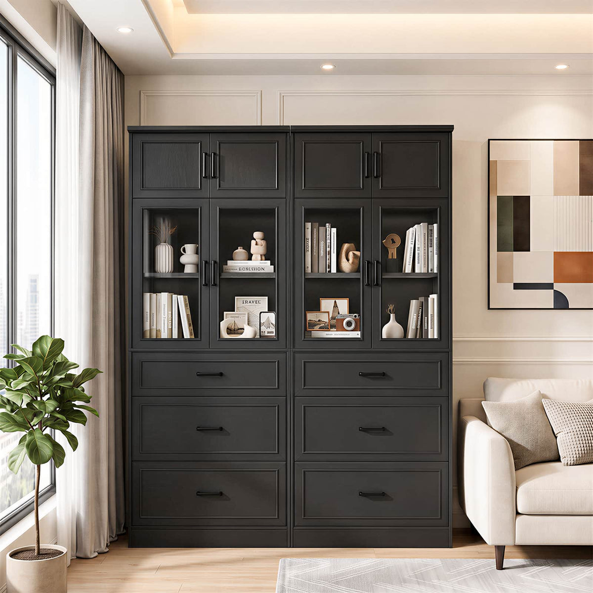 80" Tall Bookshelf, White Bookcase with Glass Doors and 3 Drawers