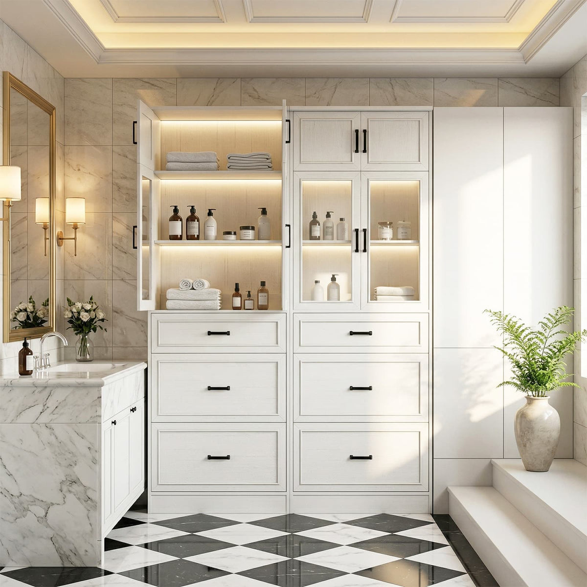 80" Kitchen Pantry Cabinet with Glass Doors and 6 Drawer Organizers