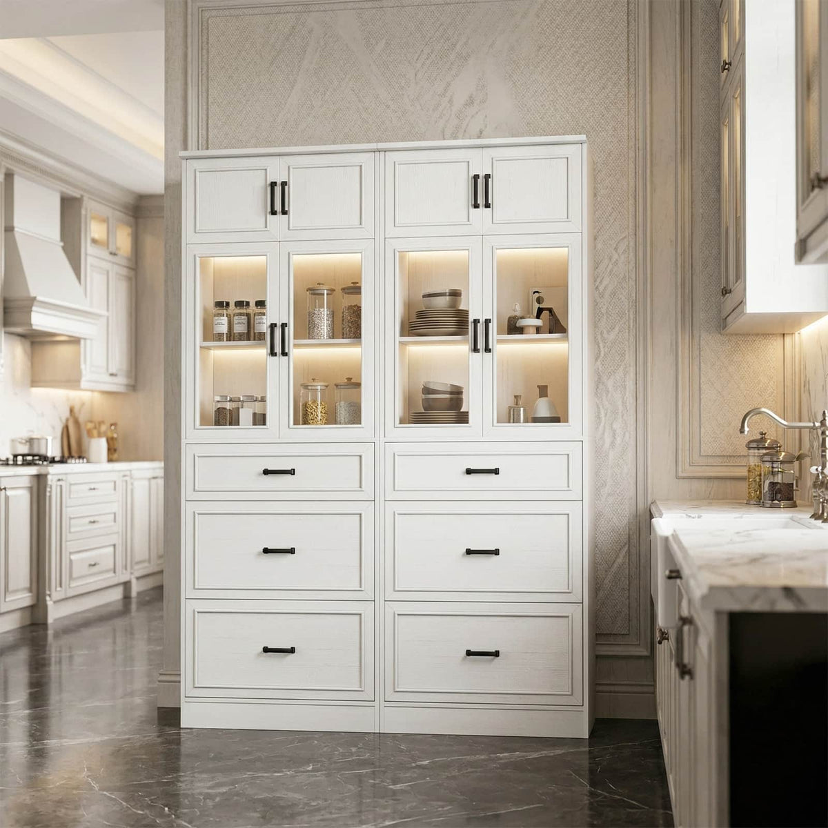 80" Kitchen Pantry Cabinet with Glass Doors and 6 Drawer Organizers