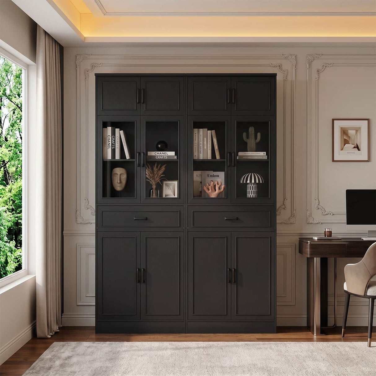 80" Kitchen Pantry Cabinet with Glass Doors and 6 Drawer Organizers