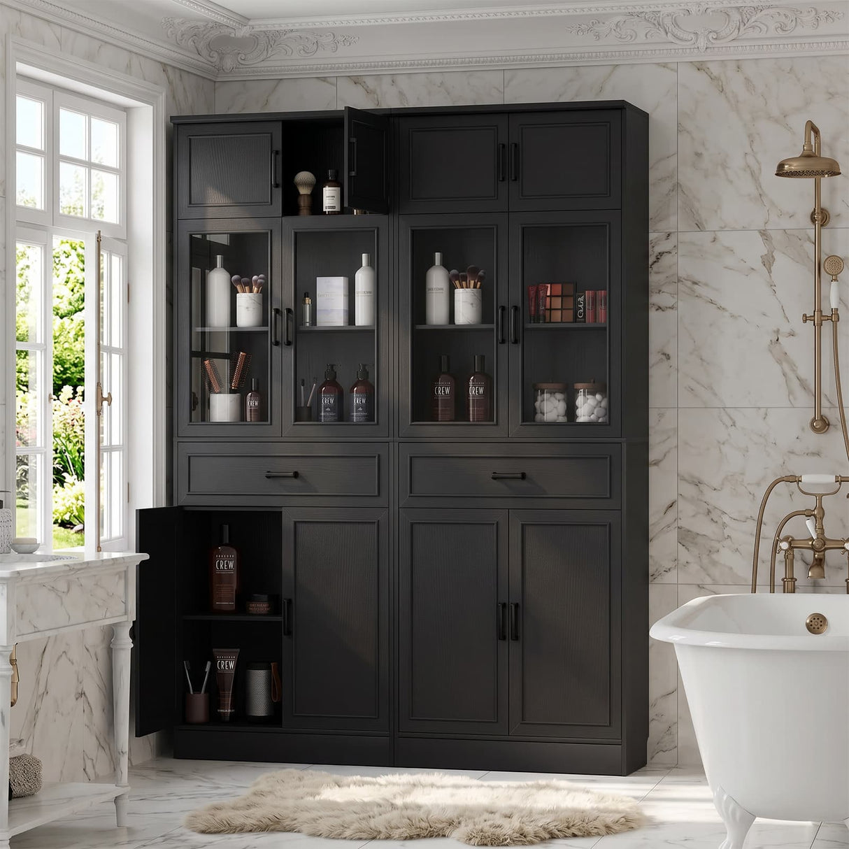 80" Kitchen Pantry Cabinet with Glass Doors and 6 Drawer Organizers