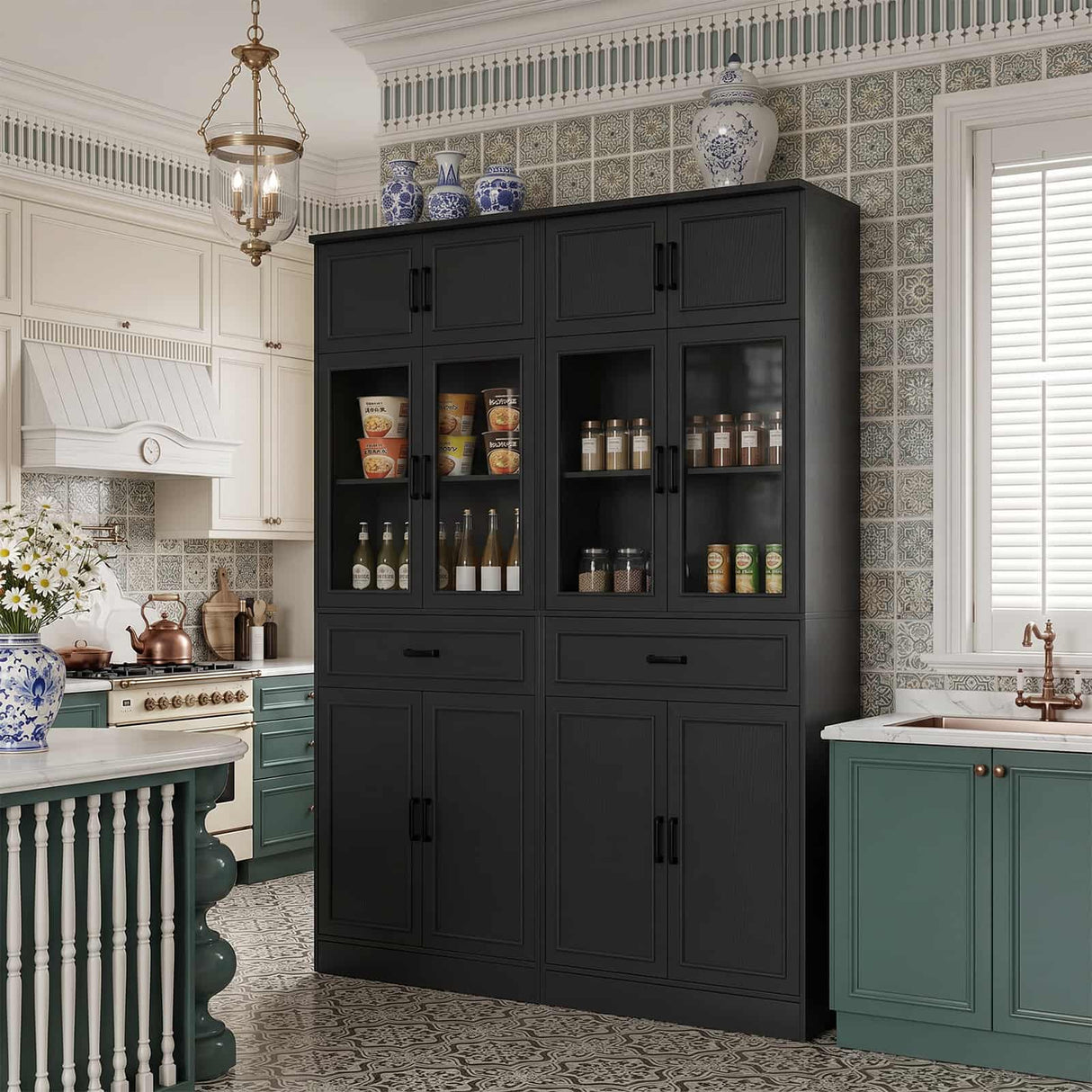 80" Kitchen Pantry Cabinet with Glass Doors and 6 Drawer Organizers