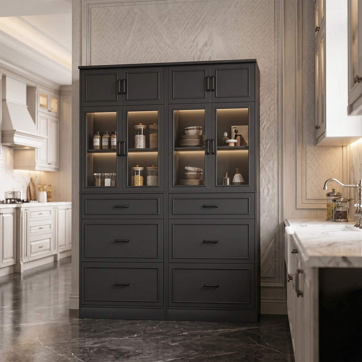 80" Kitchen Pantry Cabinet with Glass Door and 3 Drawer Organizers