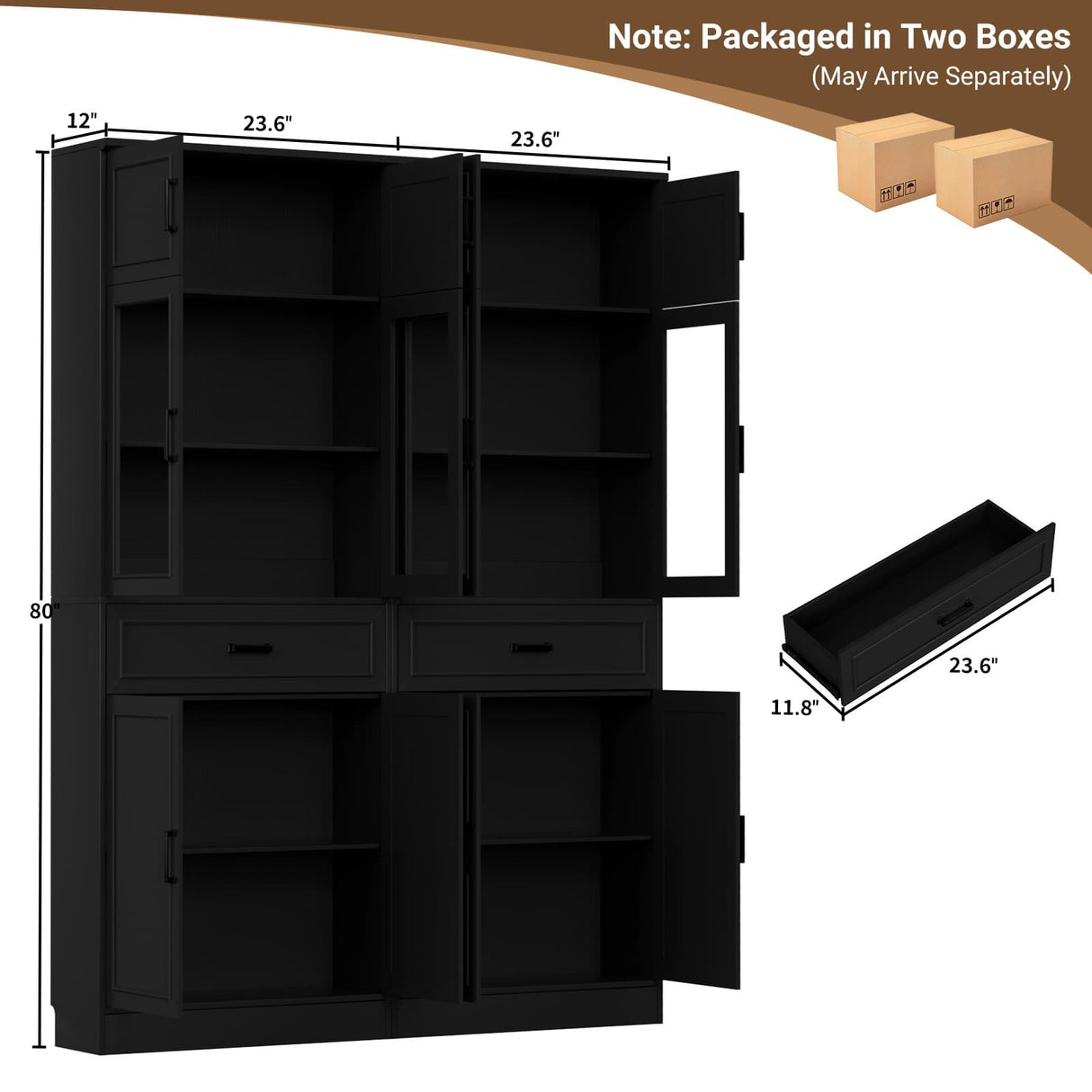 80" Kitchen Pantry Cabinet with Glass Doors and 6 Drawer Organizers