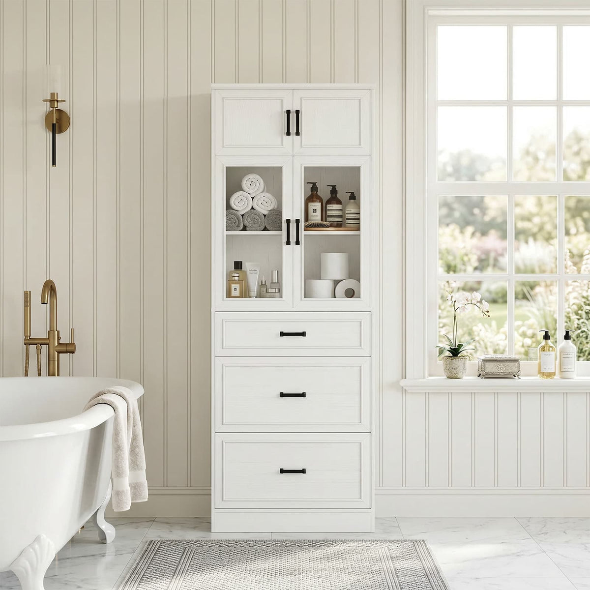 80" Tall Bookshelf, White Bookcase with Glass Doors and 3 Drawers