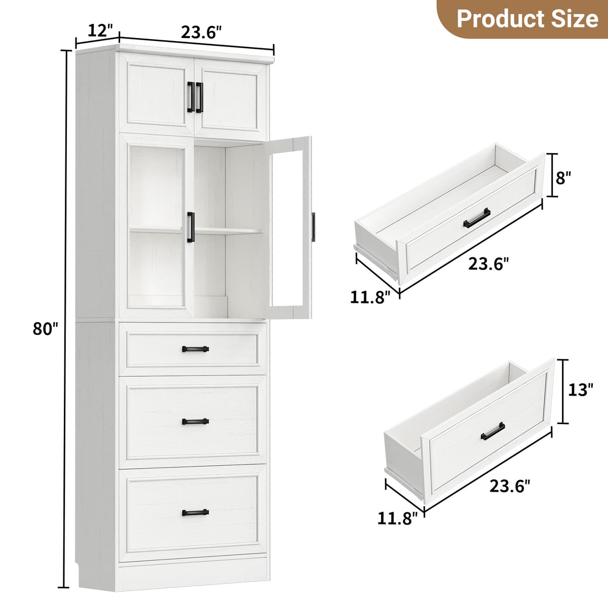 80" Tall Bookshelf, White Bookcase with Glass Doors and 3 Drawers