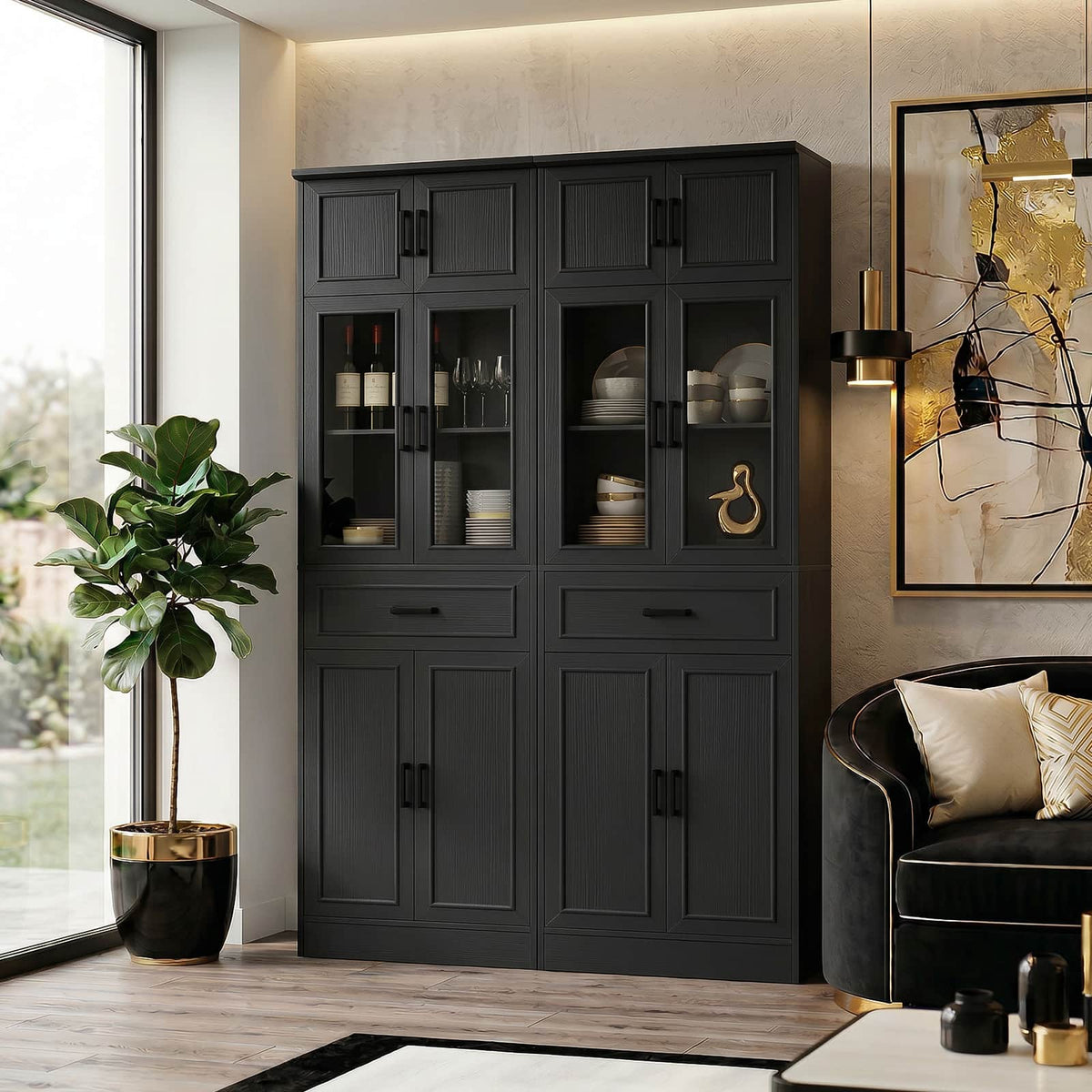 80" Tall Bookcase, Black Bookshelf with Glass Doors and Drawer