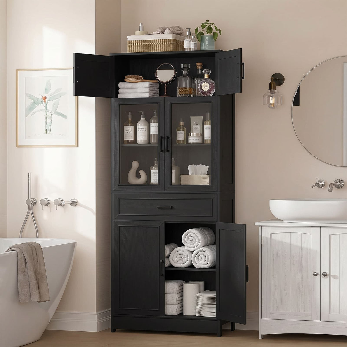 80" Tall Bookcase, Black Bookshelf with Glass Doors and Drawer