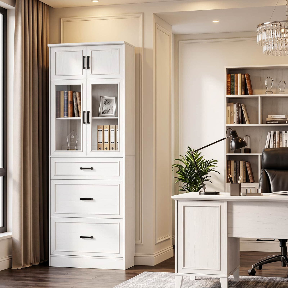 80" Tall Bookshelf, White Bookcase with Glass Doors and 3 Drawers