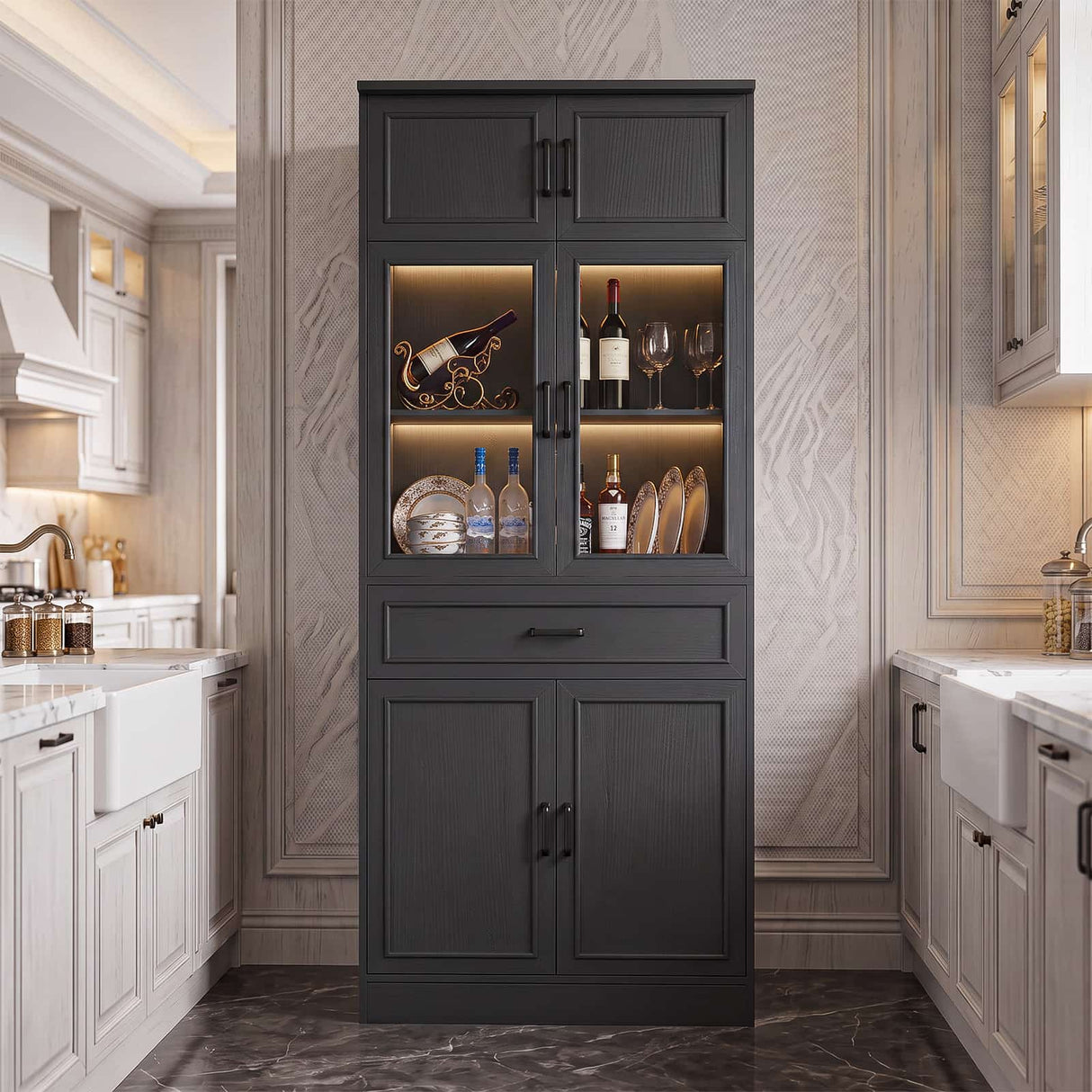 80" Kitchen Pantry Cabinet with Glass Doors and Drawer Organizer
