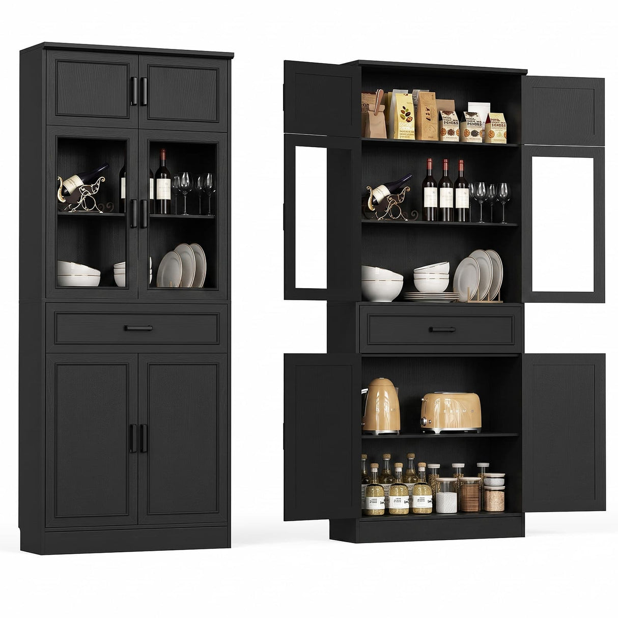80" Kitchen Pantry Cabinet with Glass Doors and Drawer Organizer