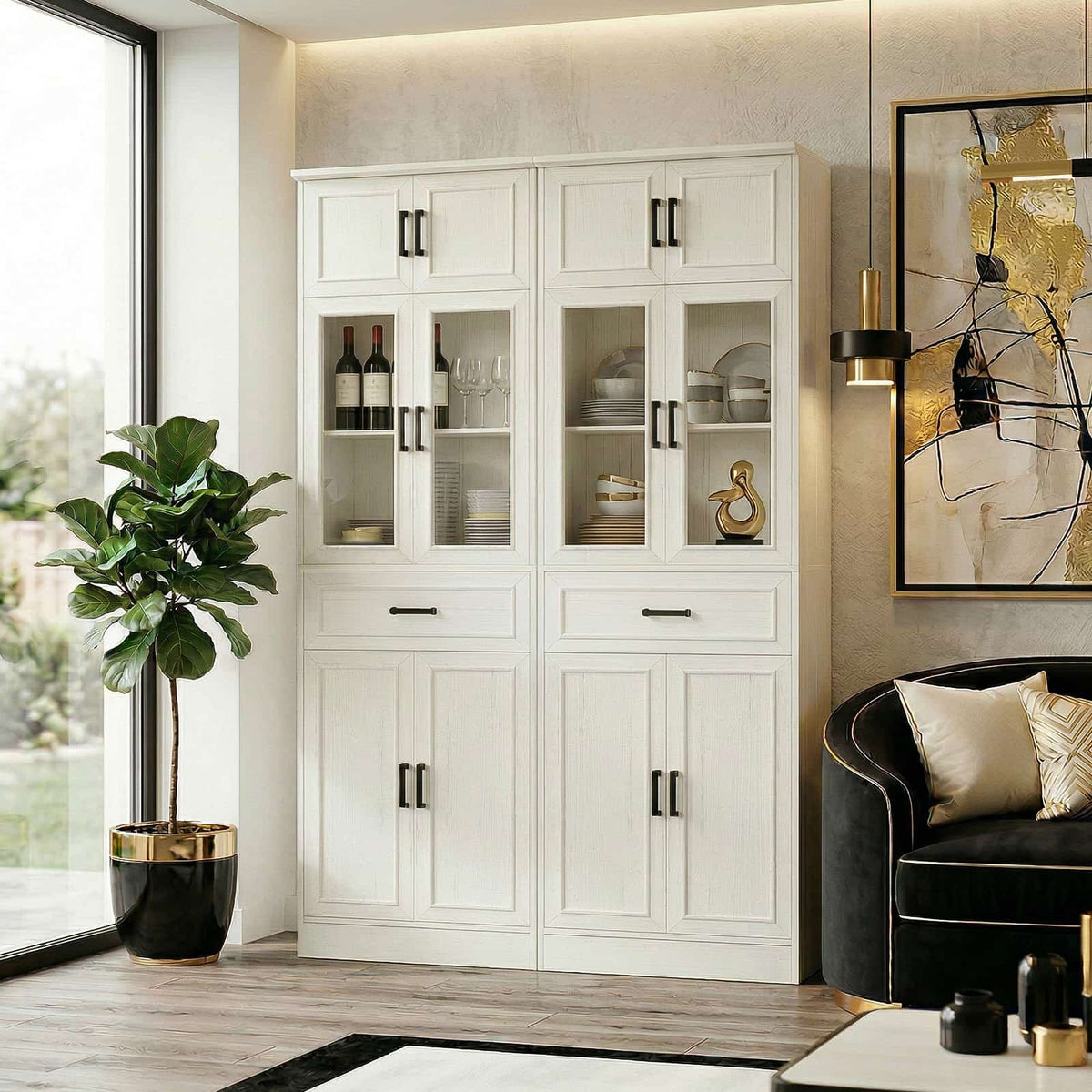 80" Tall Bookcase, Black Bookshelf with Glass Doors and Drawer