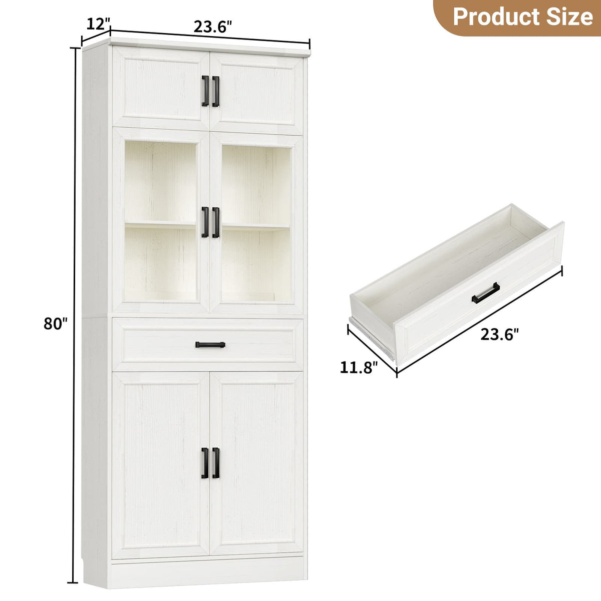 80" Tall Bookcase, Black Bookshelf with Glass Doors and Drawer