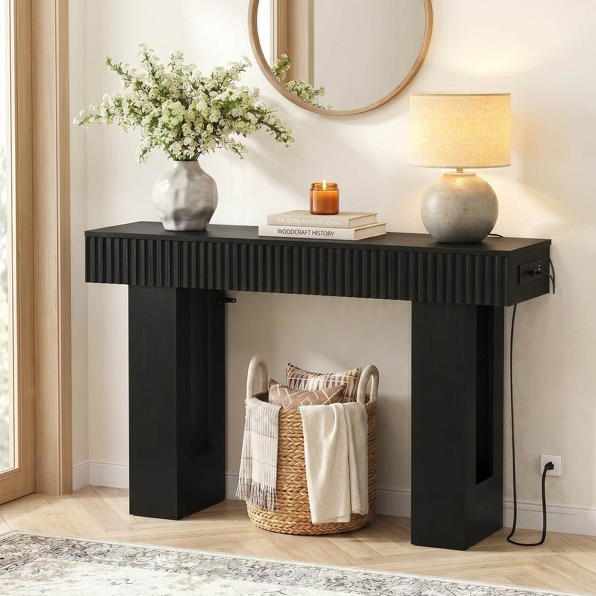 47" Console Table with 2 Drawers and Outlets W/ USB-C, Modern Fluted Entryway Table With Storage
