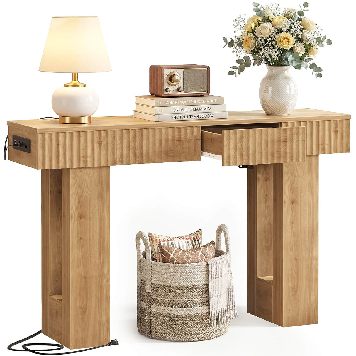47" Console Table with 2 Drawers and Outlets W/ USB-C, Modern Fluted Entryway Table With Storage