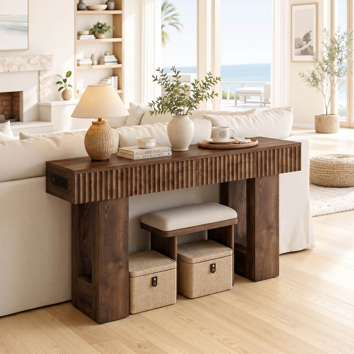 47" Console Table with 2 Drawers and Outlets W/ USB-C, Modern Fluted Entryway Table With Storage