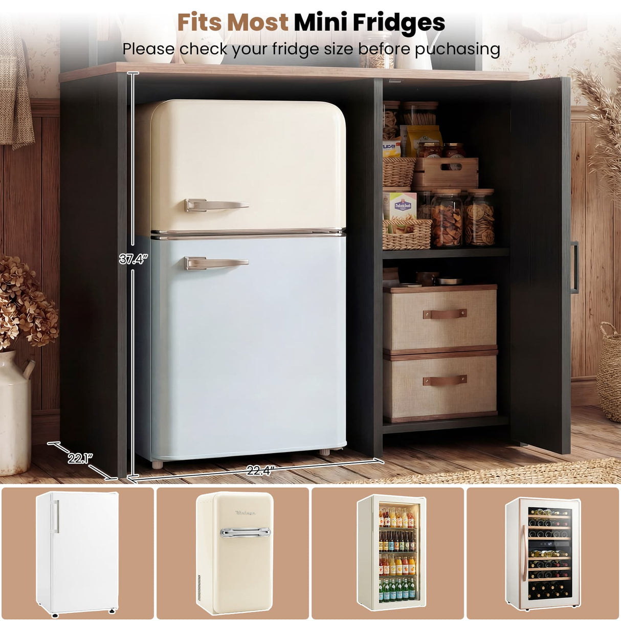 Mini Fridge Cabinet with Hutch Storage, Coffee Bar with Charging Station and LED Light( Refrigerator not included )