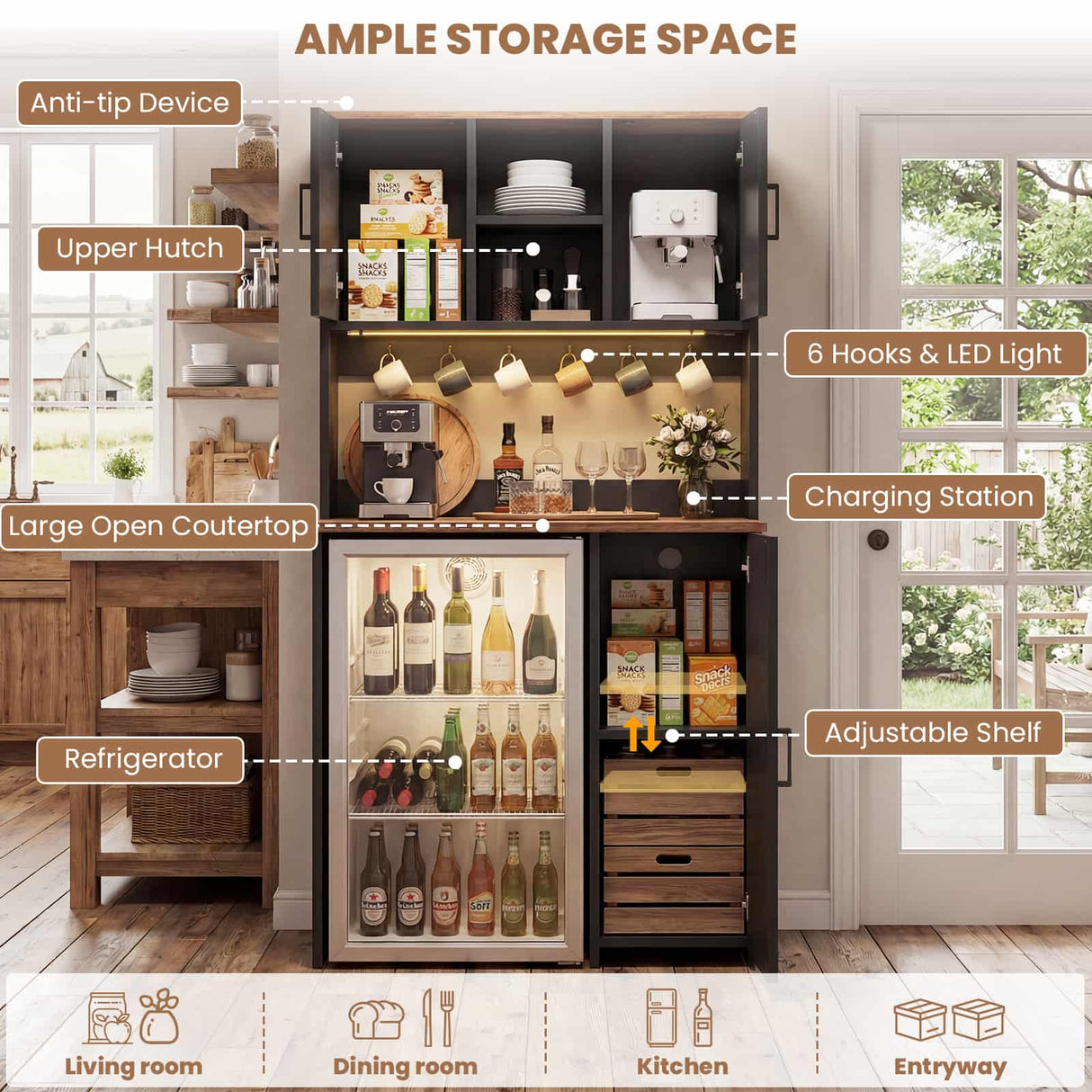 Mini Fridge Cabinet with Hutch Storage, Coffee Bar with Charging Station and LED Light( Refrigerator not included )