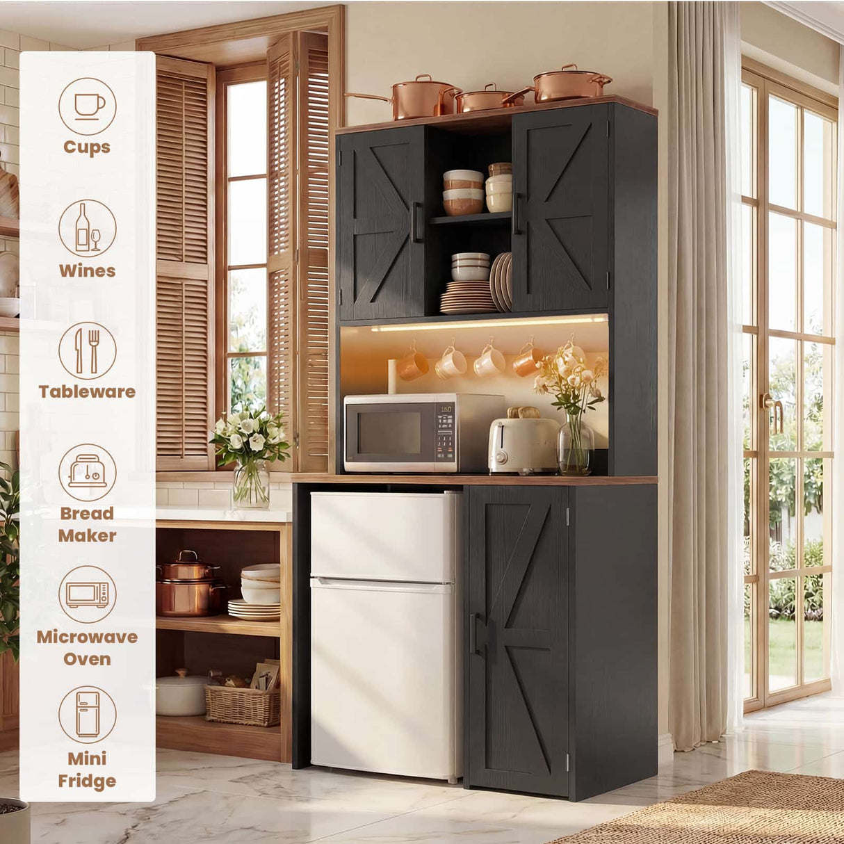 Mini Fridge Cabinet with Hutch Storage, Coffee Bar with Charging Station and LED Light( Refrigerator not included )