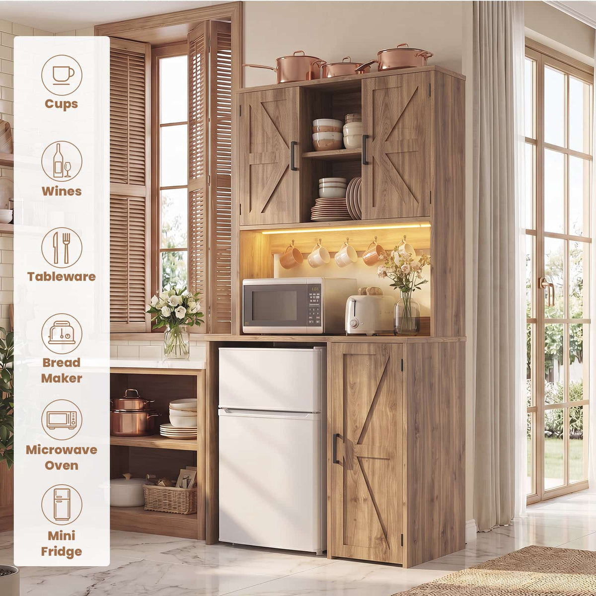 Mini Fridge Cabinet with Outlet & LED Light, Coffee Bar Cabinet