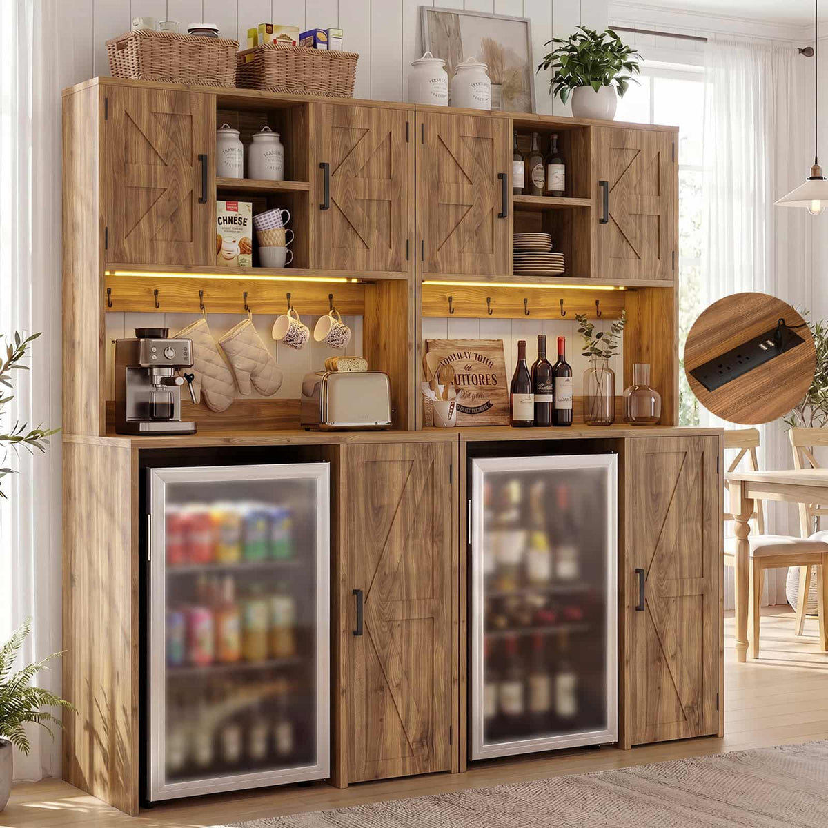 Mini Fridge Cabinet with Outlet & LED Light, Coffee Bar Cabinet