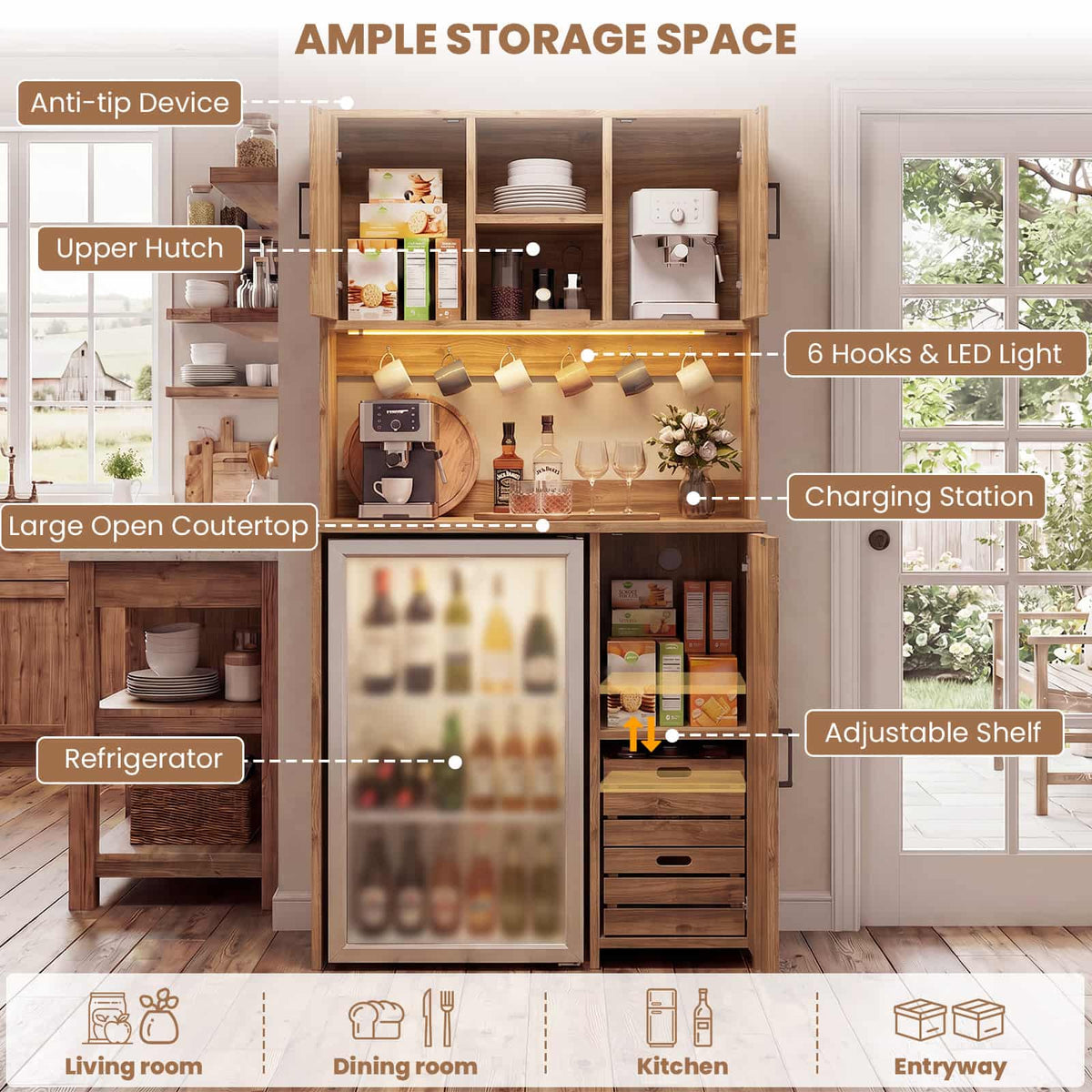Mini Fridge Cabinet with Outlet & LED Light, Coffee Bar Cabinet