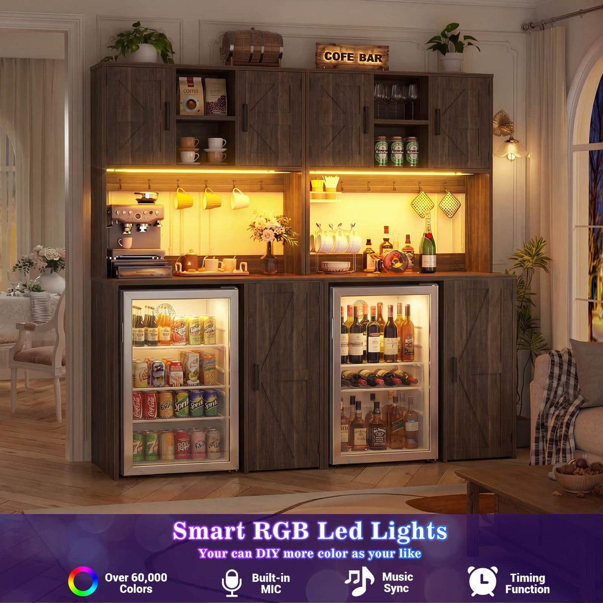 Mini Fridge Cabinet with Hutch Storage, Coffee Bar with Charging Station and LED Light( Refrigerator not included )