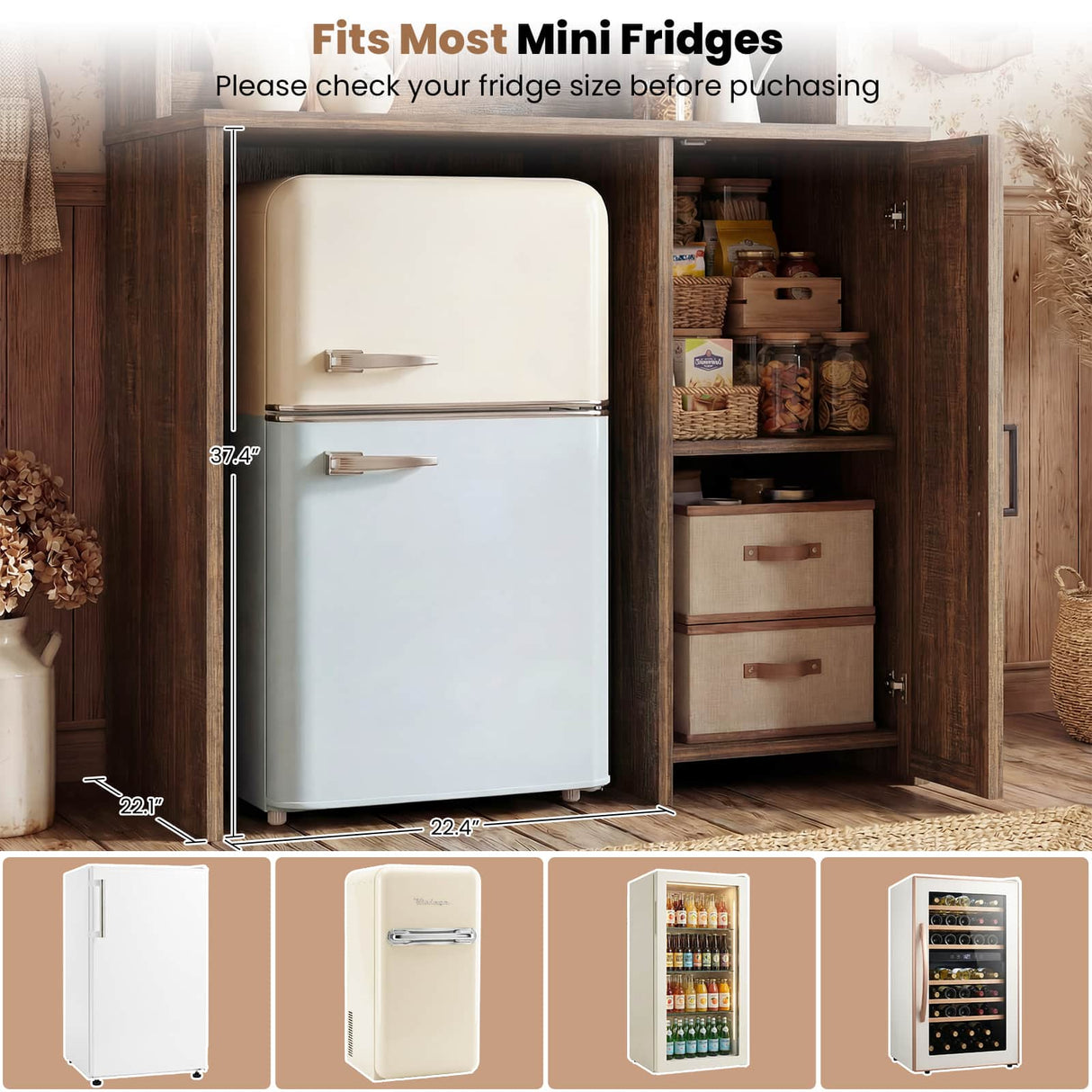 Mini Fridge Cabinet with Hutch Storage, Coffee Bar with Charging Station and LED Light( Refrigerator not included )