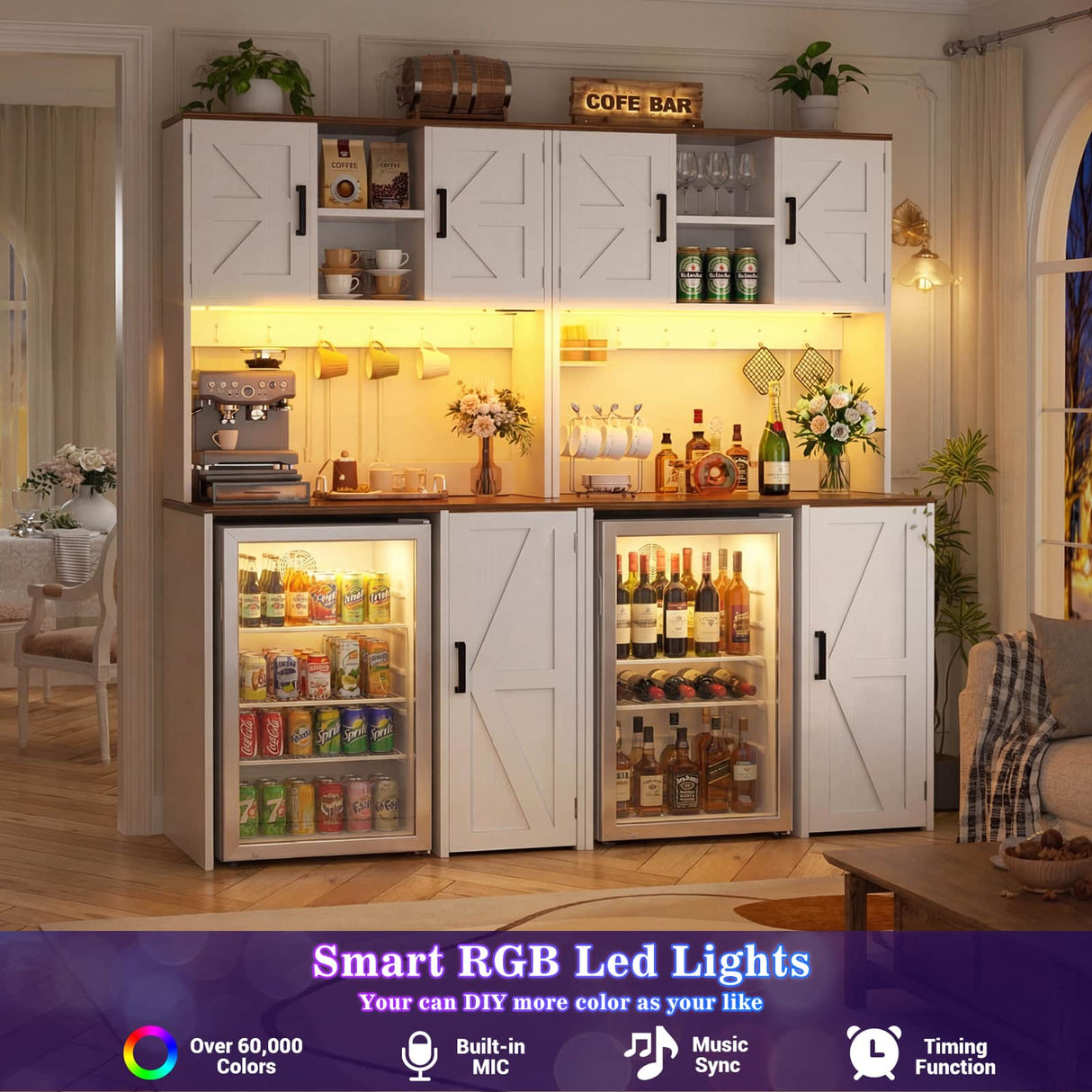 Mini Fridge Cabinet with Hutch Storage, Coffee Bar with Charging Station and LED Light( Refrigerator not included )