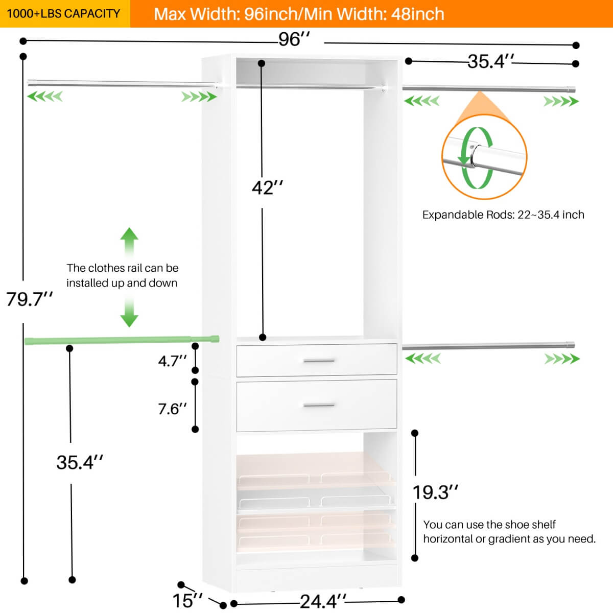 8FT Closet System with 2 Wooden Drawers and Adjustable Shoe Rack