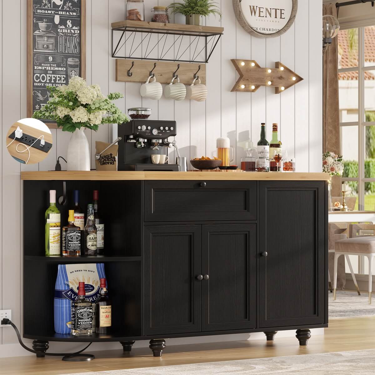 Buffet Cabinet with Wine Rack, 55", Bar Cabinet with Drawers and Outlets